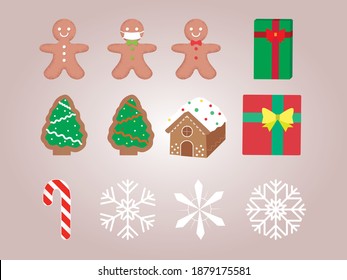 Set of Christmas elements with gingerbread man and house and gift card xmas tree and snowflakes. Vector EPS 10