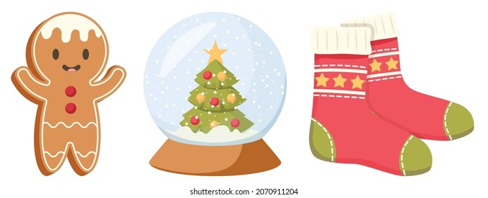 Set von Weihnachtselementen Gingerbrot Man Cookie, Kristallglobe mit Tannenbaum im Inneren, Knit-Rote Socken einzeln auf weißem Hintergrund. Weihnachtsfeierlichkeiten. Cartoon-Vektorgrafik, Symbole