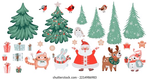 Set of Christmas elements for greeting cards with Santa, deer, snowman, animals and trees