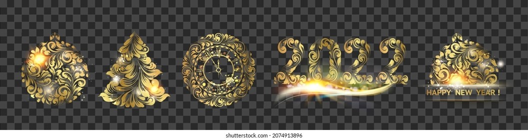 Set of Christmas elements. Hand drawn ornament of gold color. Vector illustration. Happy new year greeting card.