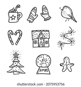 Set of Christmas elements. Hand drawn black line. Bird, coffee, gingerbread house, lollipop, garland, snow globe, christmas tree cookies, warm mittens, gingerbread man, new year set. vector
