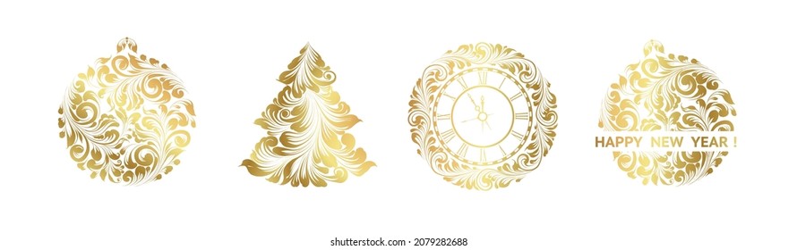 Set of Christmas elements. Hand drawn ornament of gold color. Happy new year.