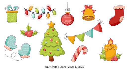 Um conjunto de elementos de Natal desenhados à mão em estilo doodle. Coleção de Decoração Sazonal de Natal