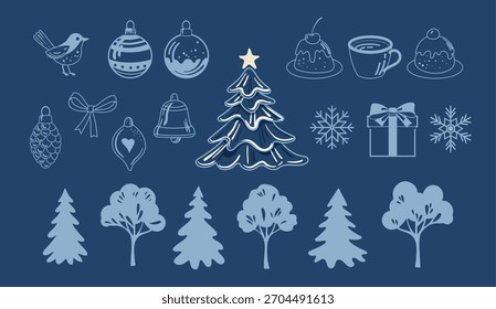 Un conjunto de Elementos de Navidades Elementos de vacaciones dibujados a mano. Navidades y decoraciones del Año Nuevo