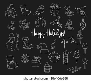 Set of Christmas elements. Hand-drawn sketches in white on black background