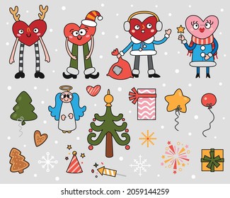 Set of Christmas elements. Hearts in New Year's costumes, balls, Christmas tree, gifts. Christmas elements for stickers, cards, invitations, backgrounds and more.