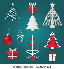 Set of Christmas elements. Holidays clipart for Christmas cards, stickers, and print. Xmas icon set, Tree, gift boxes, bows, and bolls. Elements of a Christmas mood on a green background.