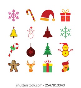 Set of Christmas elements icons. Christmas collection of santa hat, trees, snowman, gift, bell, reindeer, candy, snowflakes and sock. Modern vector art flat illustration on white background.