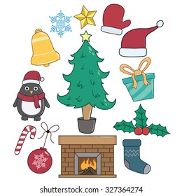 Set Of Christmas Elements Or Icons With Color And Doodle Style