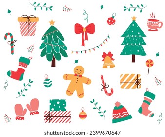 conjunto de iconos de elementos de navidad. Ilustración conceptual para tarjetas de Navidad, pegatinas e impresiones con adorables iconos sobre fondo blanco.