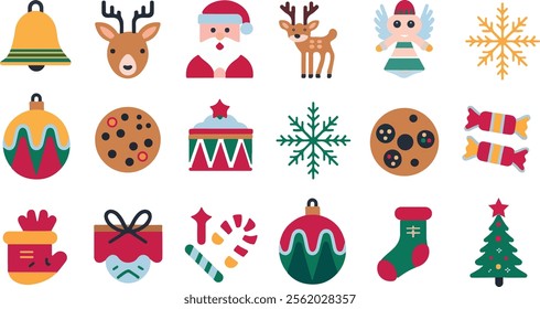 a set of christmas elements icons design Christmas collection of bells, santa, deer, angel, nutcracker, cookies, showman, snowstar, drums, mitten, candy, sock, tree