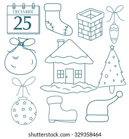 Set Of Christmas Elements Or Icons With Outline And Doodle Style