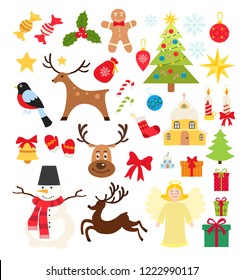 Set of Christmas elements icons, snowman,gifts, snowflakes, candy  and deer in cartoon flat style isolated