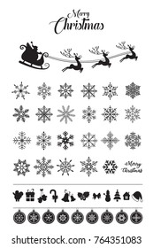 Set of Christmas elements including snowflakes, baubles, santa sleigh and rens
