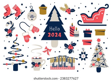 Conjunto de elementos de Navidad aislados. Árbol de Navidad festivo con caja de regalo, decoraciones. Sleigh, patrón de tejido hecho a mano, guantes, medias navideñas, patines, velas. Pegatinas de vacaciones de invierno. Vector