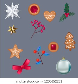 set of Christmas elements isolated on grey vector background