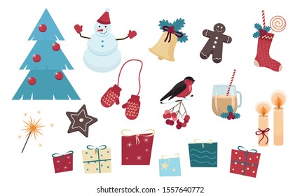 Set of Christmas elements isolated on white background. Christmas tree, gifts, socks, snowman, sweets, bird, mittens, Holly berries, sparklers, eggnog, bell. Stock vector graphics.