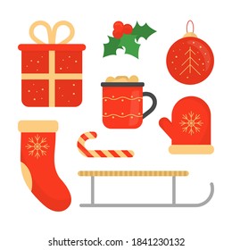 Set of Christmas elements isolated on white background. Gift box, cup with marshmallows, holly branch, candy cane, tree toy, sock, mitten and sleigh. New Year, winter holiday. Flat vector illustation.