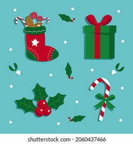 Set of Christmas elements isolated on a blue background. Gifts and toys, socks, candies, berries. Vector illustration