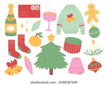 Set of Christmas elements isolated on white background. Vector illustration. Collection of Christmas decorations.