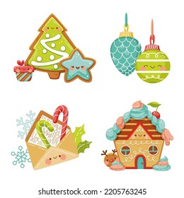 Conjunto de elementos de navidad en estilo kawaii, ilustración vectorial de dibujos animados