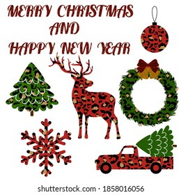 Set of Christmas elements leopard print. Cute Christmas elements for Christmas design.
