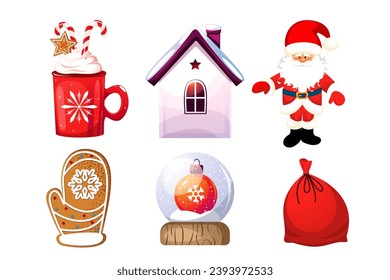 Set of Christmas elements. Merry Christmas and Happy New Year. Santa Claus, winter house, snow globe, gingerbread cookies, hot chocolate, mistletoe. Vector illustration.