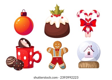 Conjunto de elementos de Navidad. Feliz Navidad y Feliz Año Nuevo. Pudín de Navidad, bombas de chocolate, bastón de caramelo, globo de nieve, cacao.Ilustración vectorial.