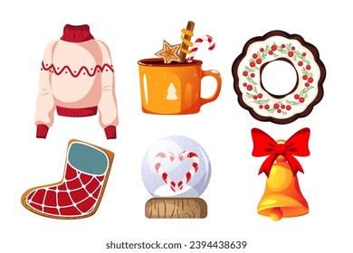 A set of Christmas elements. Merry Christmas and Happy New Year. Christmas pudding, winter sweater, ginger cookies, hot chocolate, bell.Vector illustration.