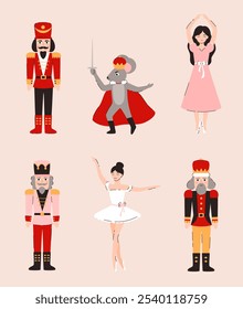 Conjunto de Elementos de Navidades. Cascanueces, ratones, bailarinas. Ilustración vectorial plana.