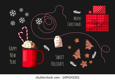 Set of Christmas elements on the black background. Mug of cacao with marshmallows and candy canes, Christmas cookies, gift boxes and snowflakes. Vector illustration for card, poster, scrapbooking.