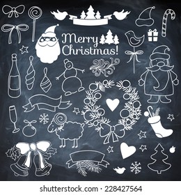 Set of Christmas elements on blackboard with chalk. Vector background.