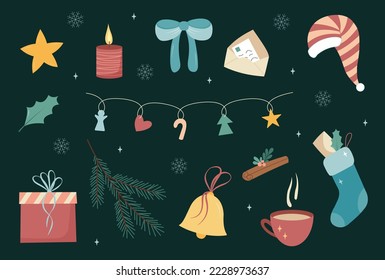Set of Christmas elements on dark green background. Celebration pack. Seasonal decorations with sock, garland, candle and present.