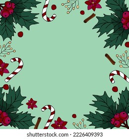 Set of christmas elements on green background Cinnamon, candy. Vector illustration.