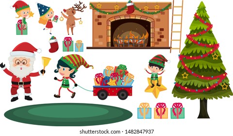 Set of christmas elements on white background illustration