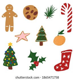Set Christmas elements on white background. Abstract symbols christmas tree, gingerbread, sock, tangerine, cookies, start, mistletoe, candy in doodle vector illustration.
