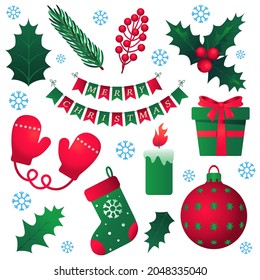 Set of Christmas elements on white background. Gift box, Christmas ball, Christmas sock, mittens, candle, fir branch, snowflake, holly, green leaves, red winter berries. Vector illustration, gradient