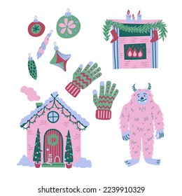 Set of Christmas elements. Ornaments, fireplace, gloves, cottage, yeti flat hand drawn illustrations isolated on white background.