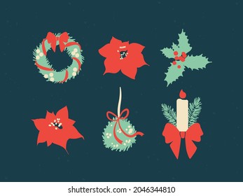 Set of Christmas elements. Poinsettia plants and flowers, holly berries, mistletoe with a red bow, a candle with fir branches and a bow. Vector isolated elements.