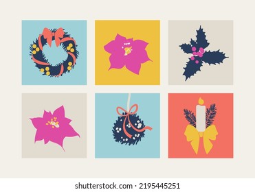 Set of Christmas elements. Poinsettia plants and flowers, holly berries, mistletoe with a red bow, a candle with fir branches and a bow. Vector isolated elements.