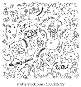 A set of Christmas elements for postcards, packaging, clothes and other designs in a New Year theme. Christmas tree, santa, snowman, garland, clocks, phrases and many other elements in doodle style.