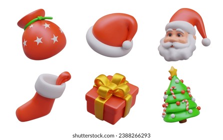 Set with Christmas elements. Realistic bag for gifts, red sock and present, head of Santa Claus and Christmas tree with decoration. Collection for new year. Vector illustration in 3d style