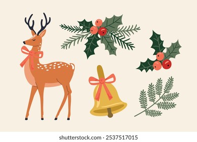 Conjunto de elementos de Natal. Rena, sino, holly, visco. Ilustração vetorial em estilo plano