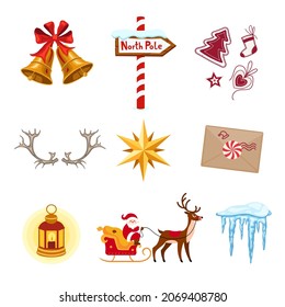 Set of Christmas Elements. Reindeer, Santa, north pole pointer, Christmas star, icicle. Clipart for invitations and cards. Vector flat illustration, cartoon style.
