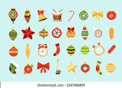 Set of christmas elements. Retro decorations for winter holidays. Vector flat icons.