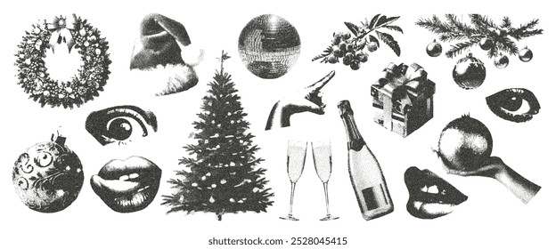 Set of Christmas elements in retro photocopy style. Vector stickers with trendy halftone elements for collages. Vector Christmas ball, fir tree, wreath, mouth, eyes for collages.