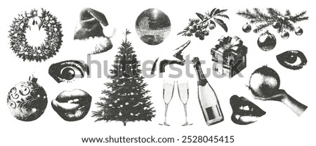 Set of Christmas elements in retro photocopy style. Vector stickers with trendy halftone elements for collages. Vector Christmas ball, fir tree, wreath, mouth, eyes for collages.