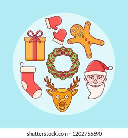 Set of Christmas elements. Santa Claus, gift box, wreath, sock, deer. Flat line icons.