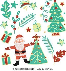 Conjunto de elementos navideños Santa Claus y árbol de Navidad Ilustración vectorial