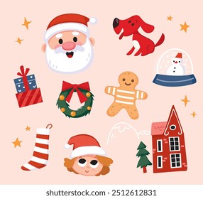 Set of Christmas elements. Santa Claus smiling. Cartoon snowman, reindeer, teddy bear, gingerbread men.